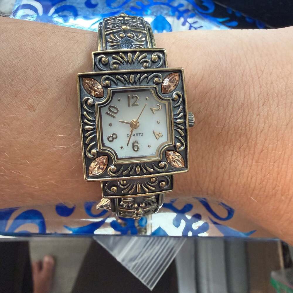 Coldwater Creek Ornate Bronze Tone Cuff Watch with Rhinestones